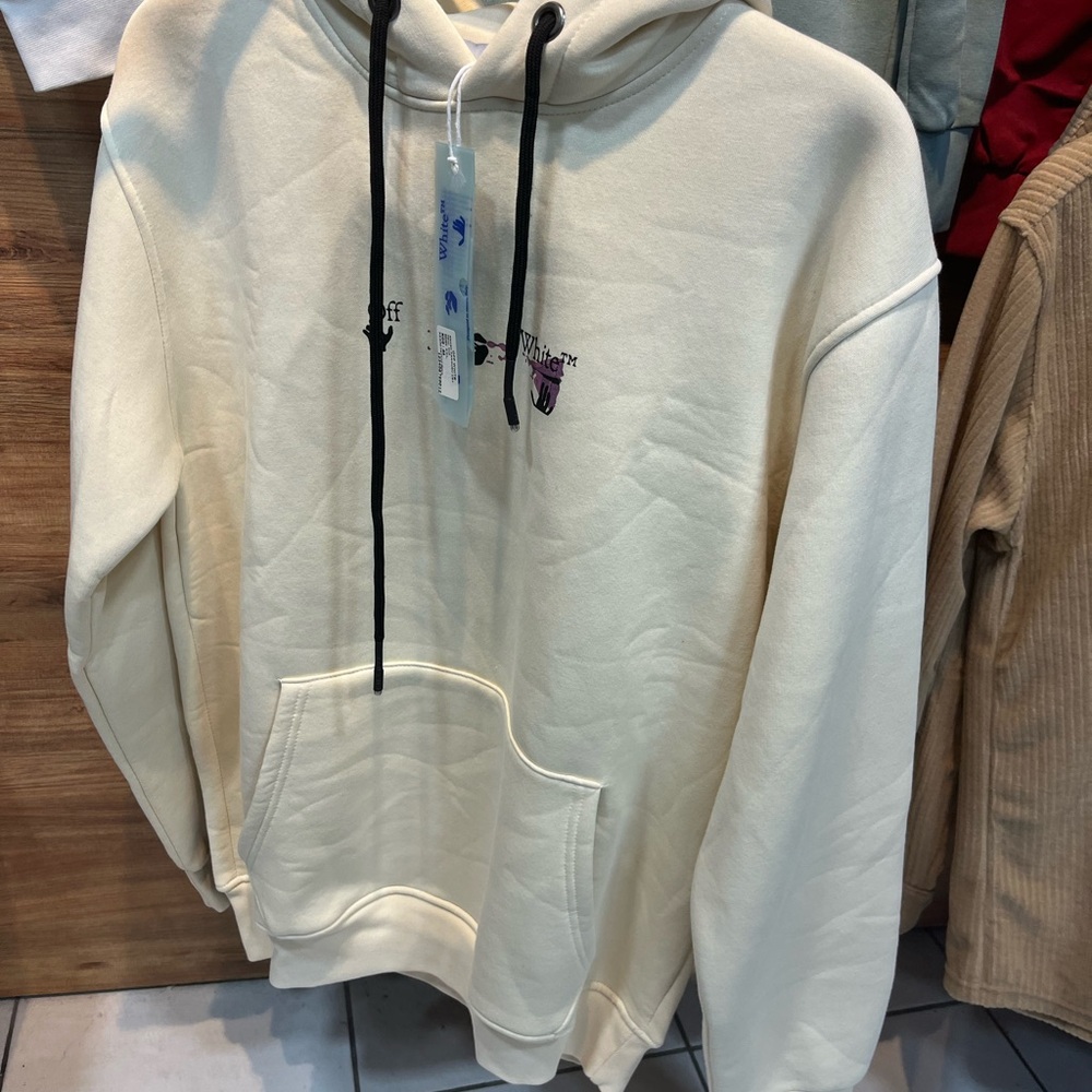 Off-White Cream Hoodie with Black Drawstrings